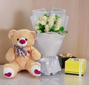 white roses teddy and chocolates