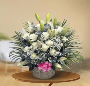 white flower basket
