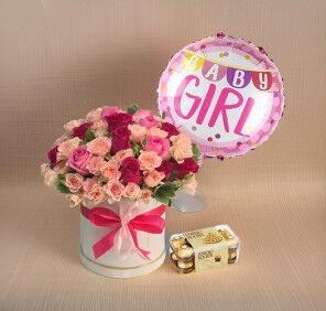 Baby Girl Gift Set – Flowers, Balloon & Chocolates | Smile Forever