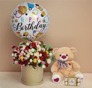 spray roses teddy and chocolates